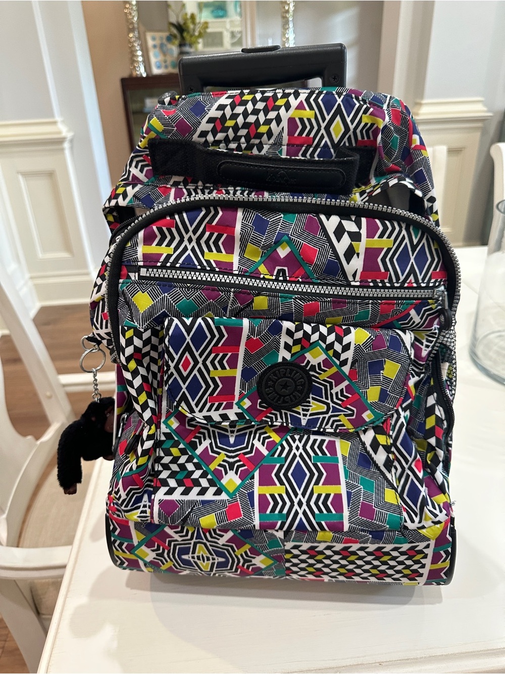 Kipling Bright Geometric Print Rolling Backpack in Black, Pink, Yellow, Teal